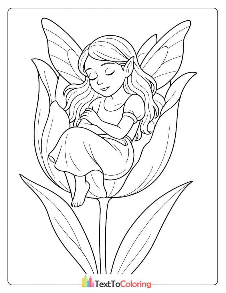 A peaceful coloring page of a fairy with closed eyes, curled up and sleeping inside a large tulip flower.
