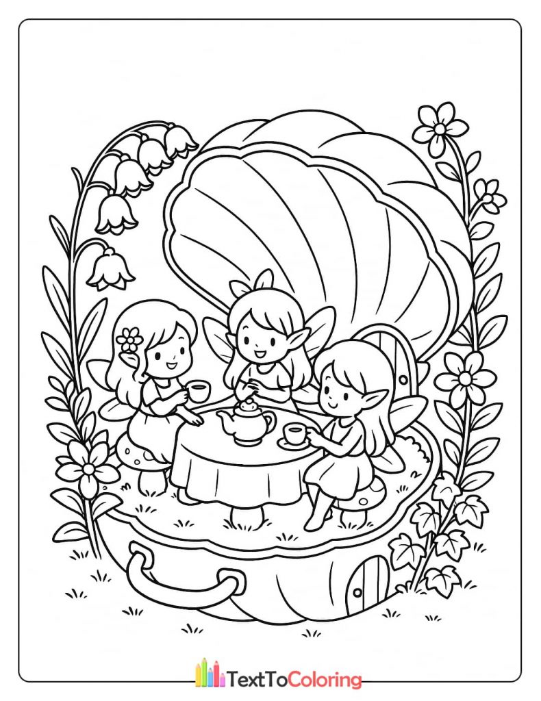 A coloring page of three fairies having a tea party under a giant seashell.