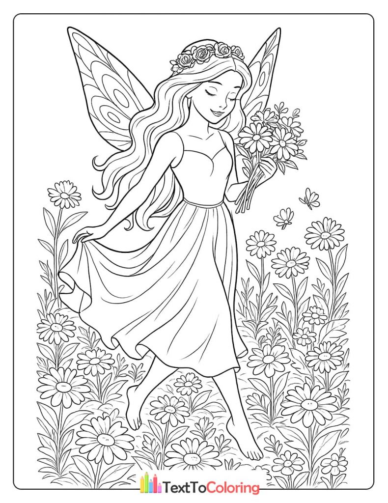 A lovely coloring page of a barefoot fairy walking through a field of daisies, holding a bouquet of flowers.