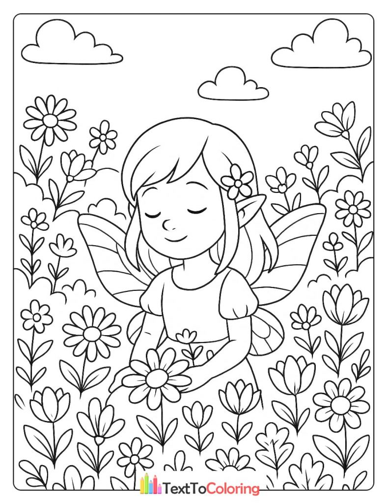 A tranquil coloring page of a fairy with a flower in her hair, surrounded by a field of blooming flowers.