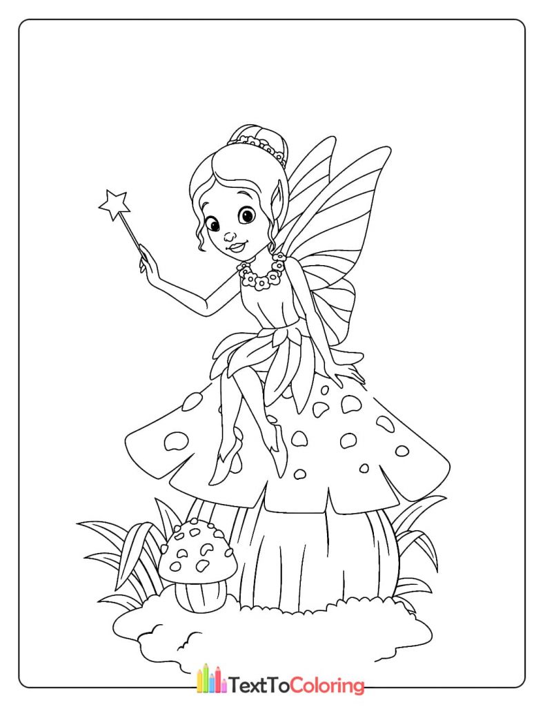 A cheerful coloring page of a fairy sitting on a large spotted mushroom, holding a magic wand.