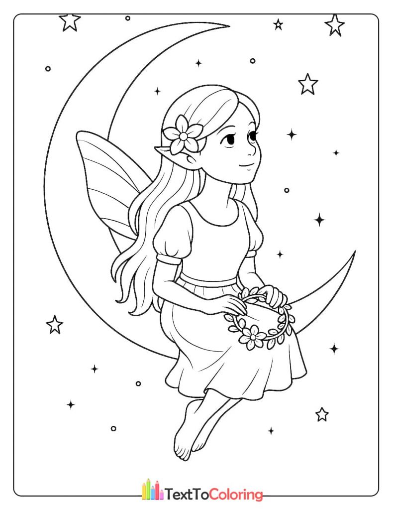 A fantasy coloring page of a fairy with a long dress sitting barefoot on the moon, with three baby cherubs flying around her.