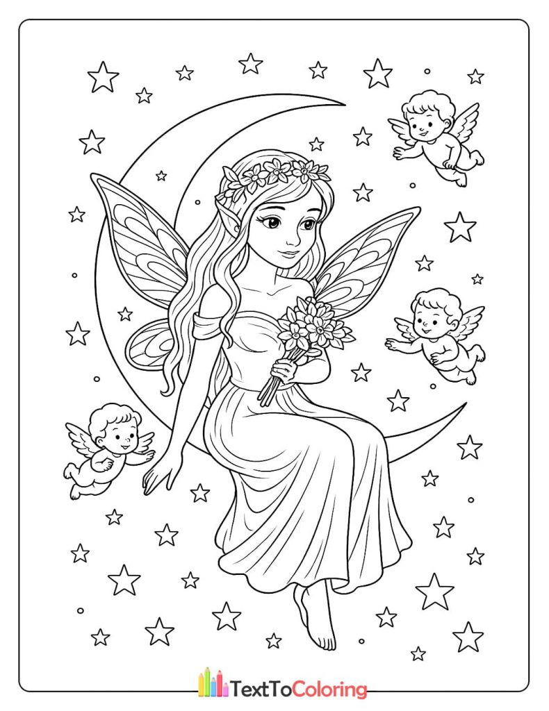 A fantasy coloring page of a fairy with a long dress sitting barefoot on the moon, with three baby cherubs flying around her.