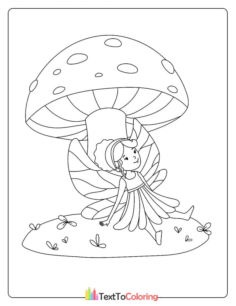 A peaceful coloring page of a fairy with butterfly-like wings, sitting on the ground underneath a giant mushroom.