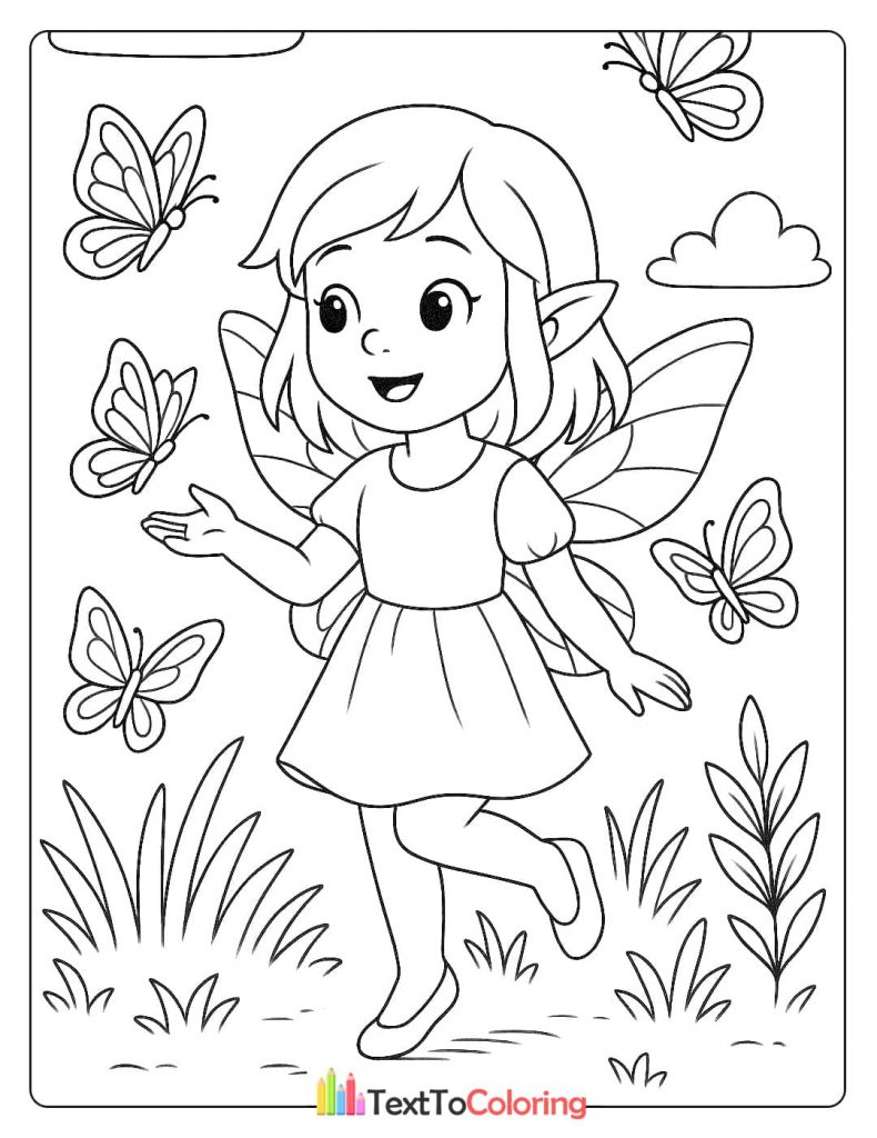 A lively coloring page of a cute fairy with a flower in her hair, happily surrounded by flying butterflies.