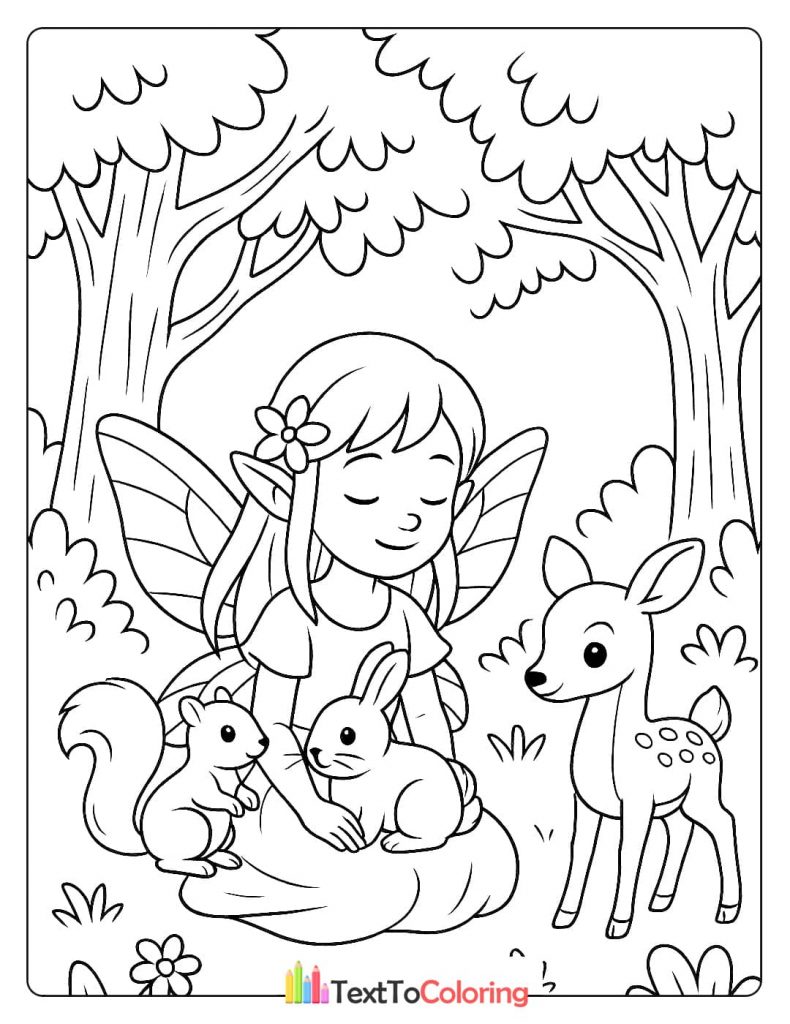 A cute coloring page of a friendly fairy sitting with a squirrel, a bunny, and a fawn in a forest.