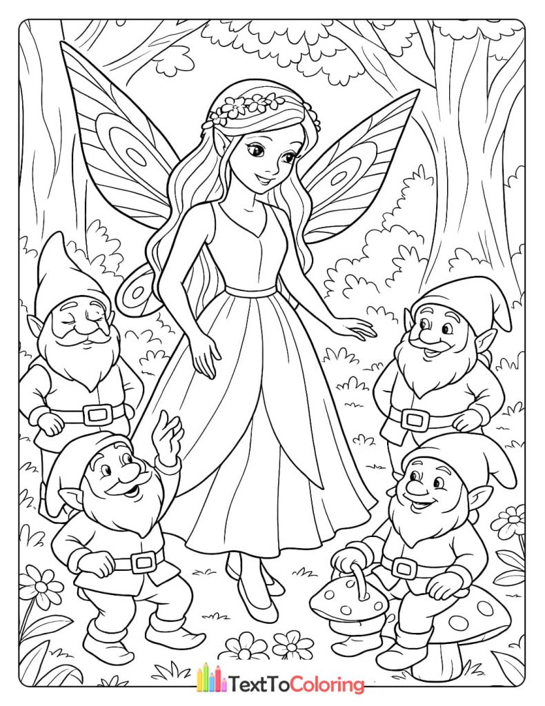A playful coloring page of a smiling fairy in a forest with four friendly gnomes, one holding a mushroom.