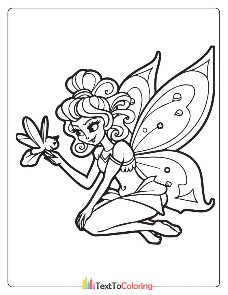 A lovely coloring page of a fairy with an elaborate hairstyle, holding a small bird in her hand.