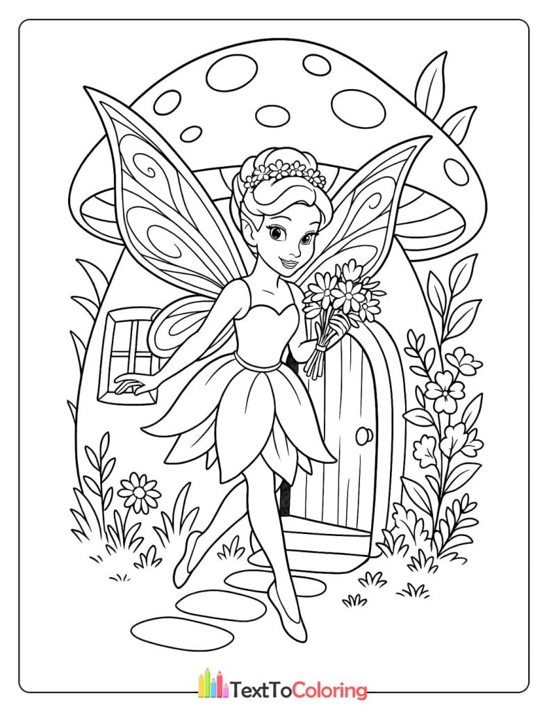 An enchanting coloring page of a fairy standing in front of her home, a small mushroom-shaped house with a door and a window.