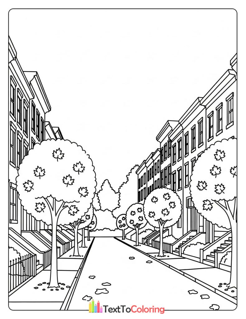 Printable fall coloring page of a quiet city street in autumn