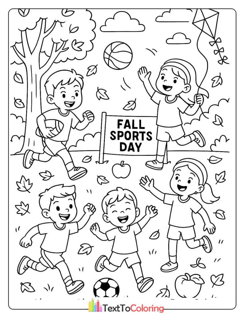 A "Fall Sports Day" coloring page showing kids playing various sports like football and soccer, with a kite and autumn leaves.