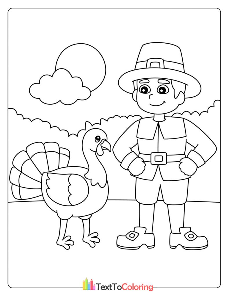 Fun fall coloring page of a farmer with a turkey in a sunny field.