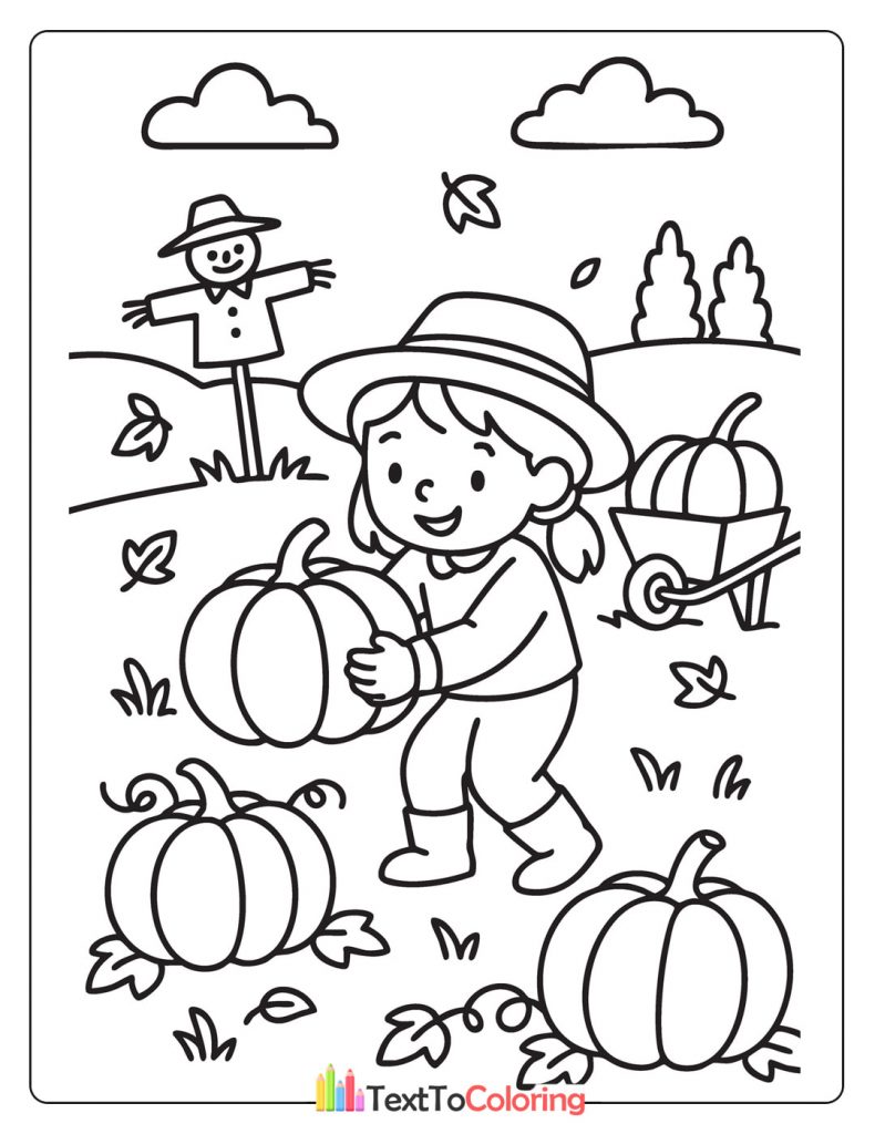 Smiling little girl picking pumpkins in the field with a scarecrow.