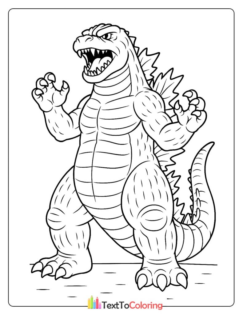 A full-body coloring page of Godzilla standing and roaring, with a muscular and intimidating pose.