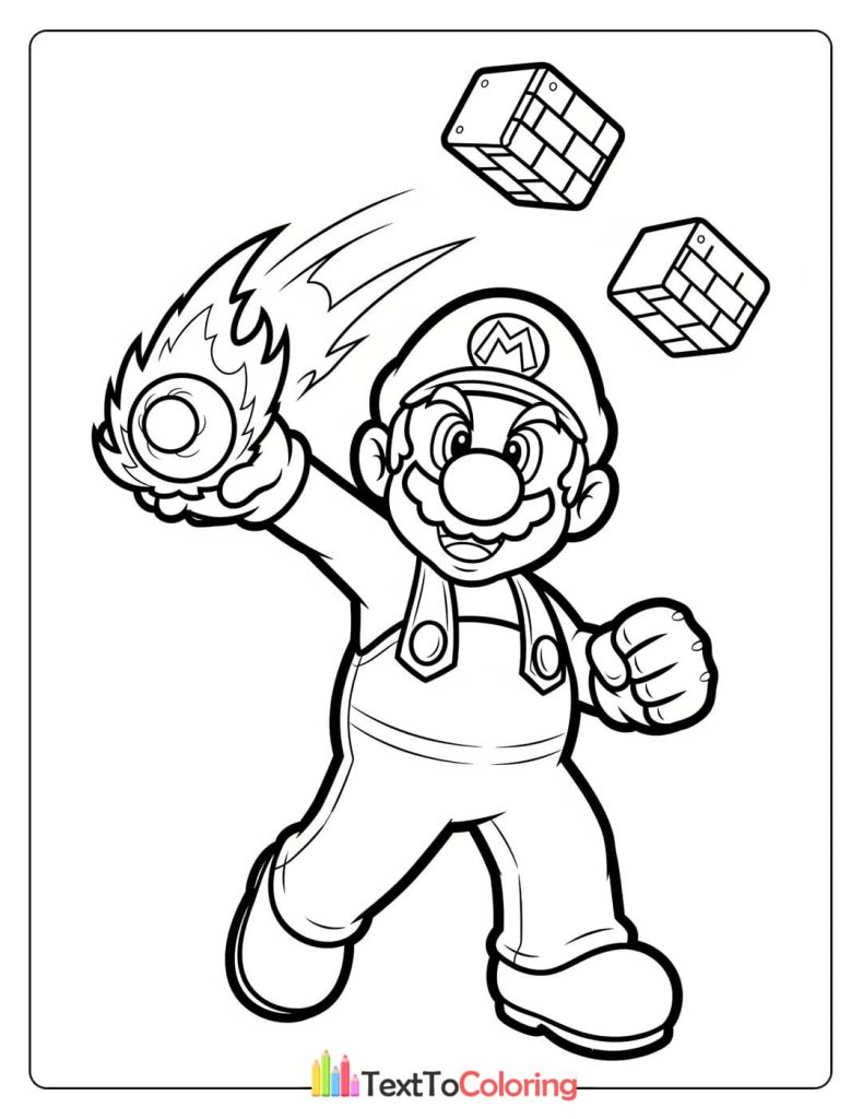 A coloring page of Fire Mario throwing a fireball
