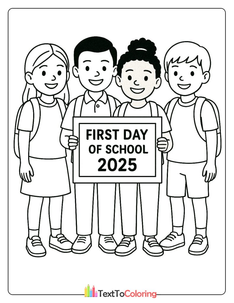 Kids holding a "First Day of School 2025" sign - free printable coloring page.