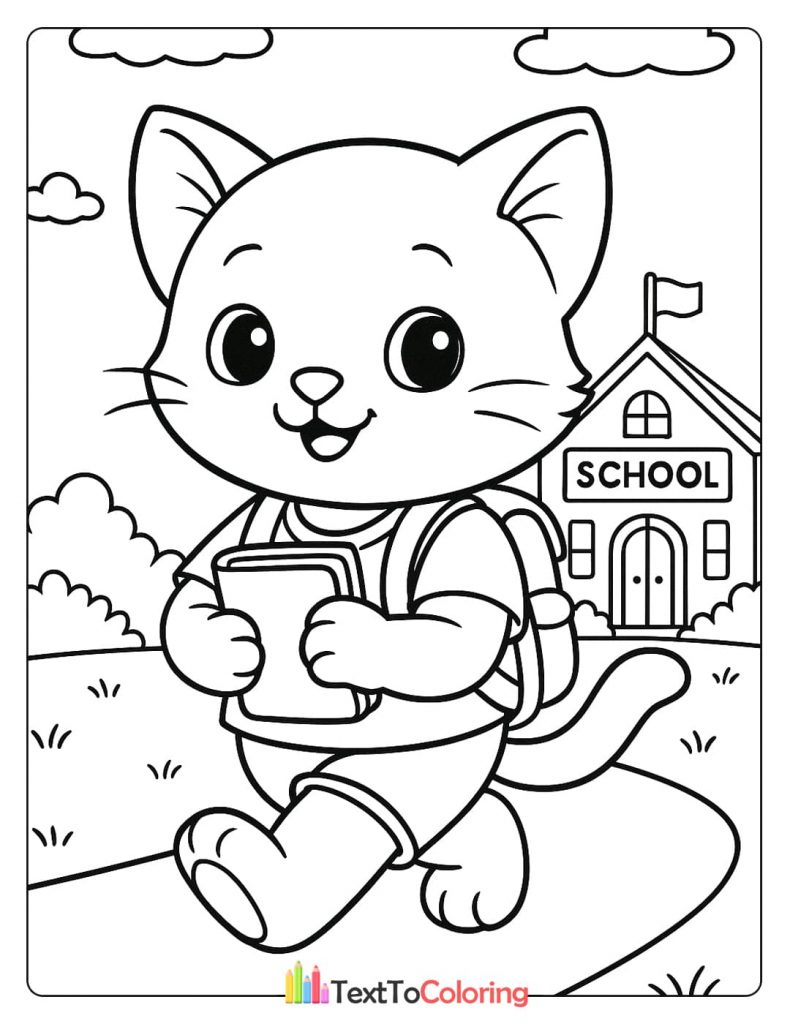 A back-to-school coloring page of a cute kitten wearing a backpack and holding a book, walking towards a school building.