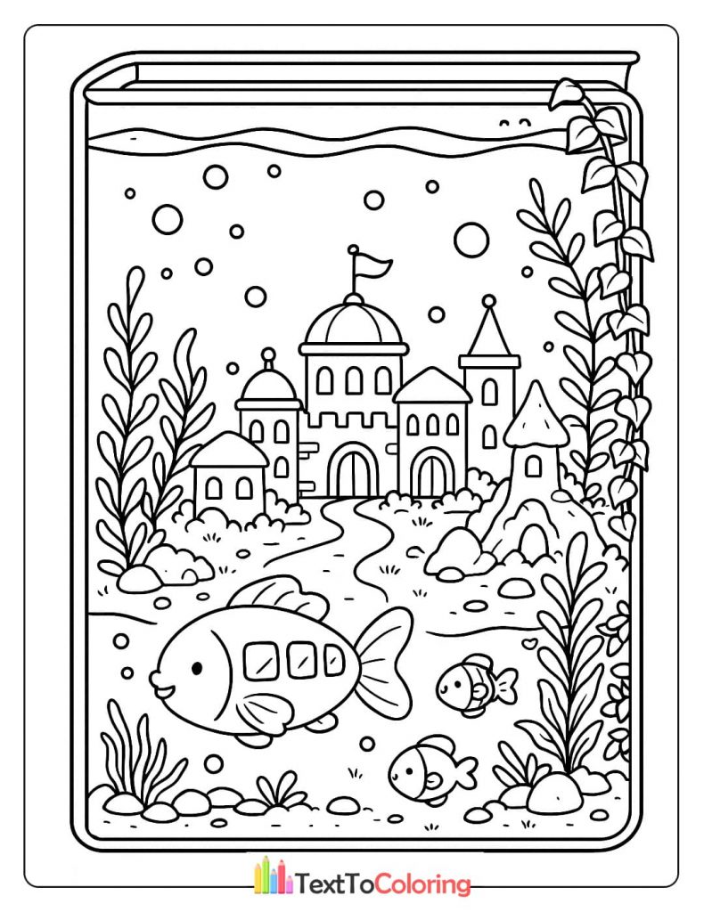 A coloring page of a miniature castle for fish at the bottom of a book.