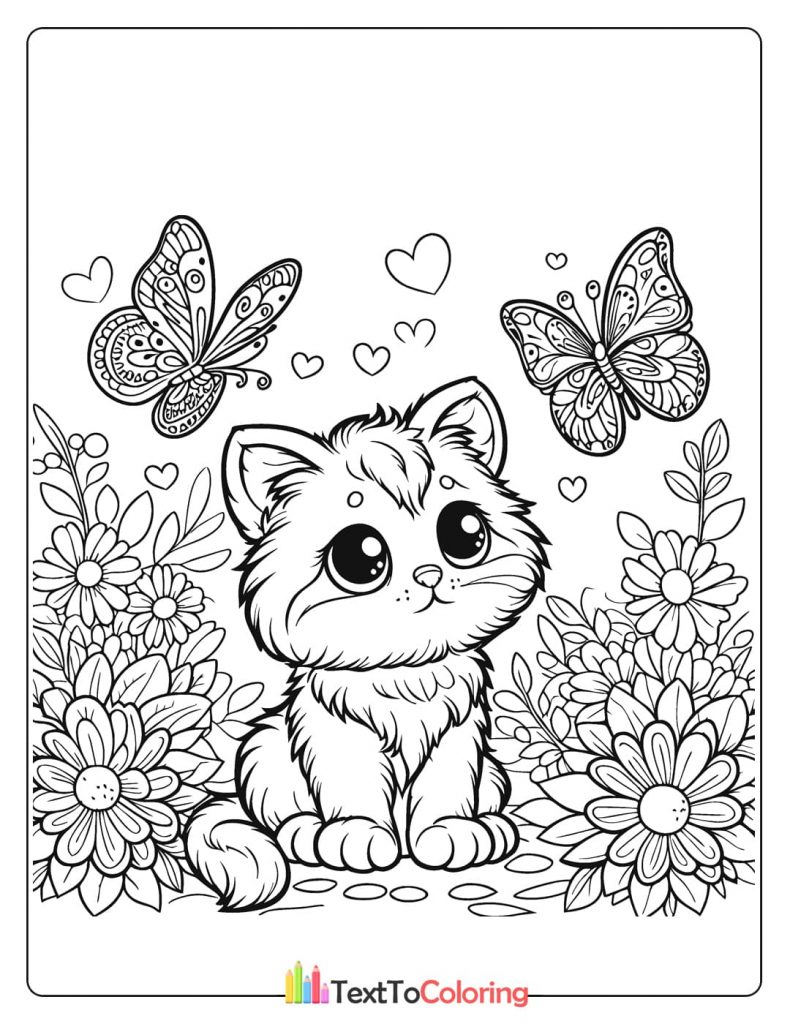 A detailed coloring page of a fluffy kitten sitting among large flowers, with beautiful butterflies and hearts fluttering around it.