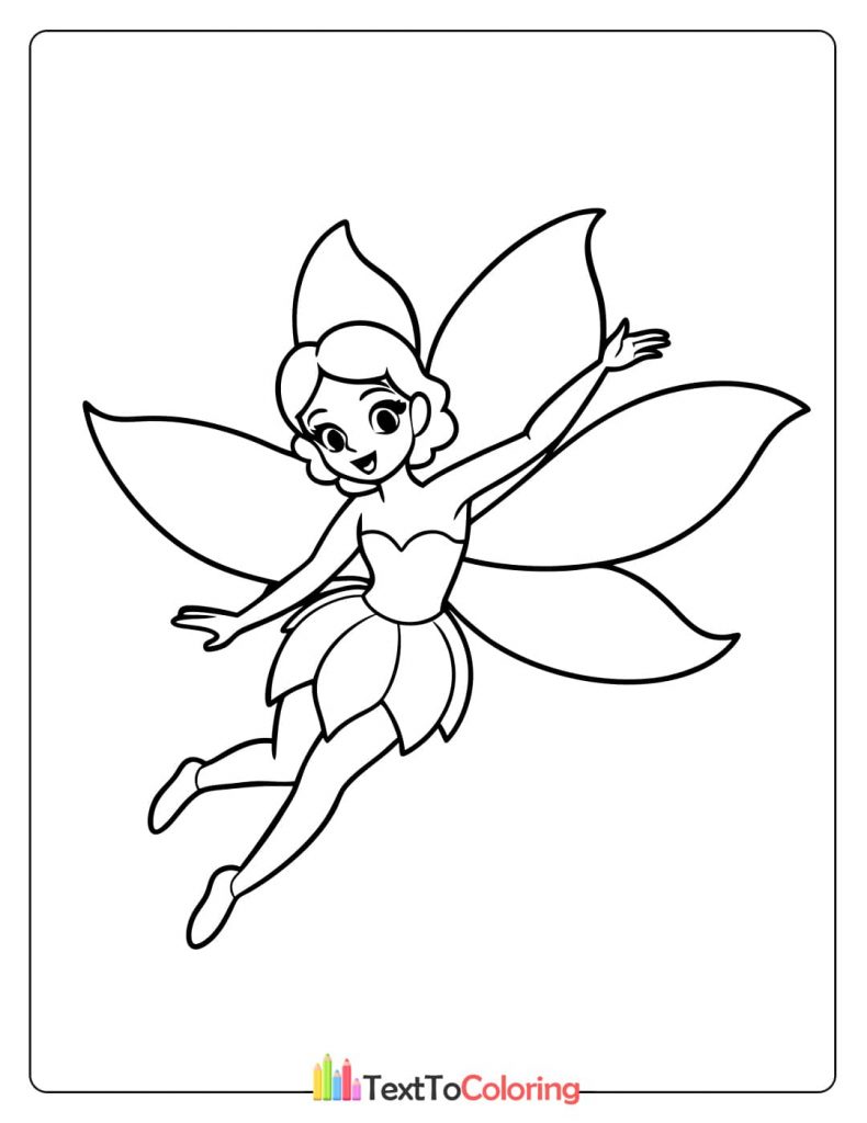 A simple coloring page of a smiling fairy with large, pointed wings and a leaf-like skirt, flying in the air.