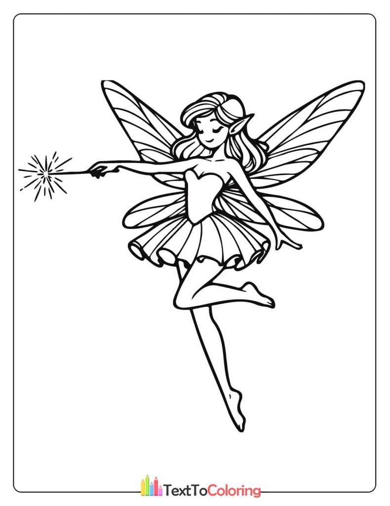 A striking coloring page of a fairy with long wings and a short, ruffled skirt, flying and holding a sparkling magic wand.