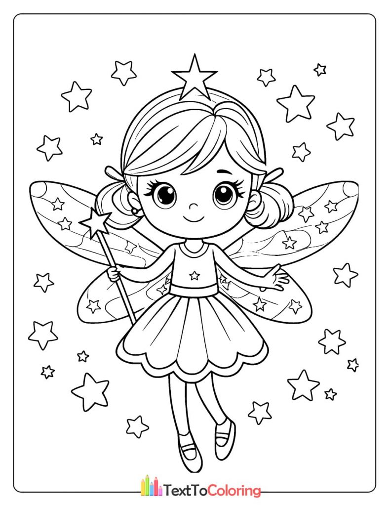 A joyful coloring page of a fairy with a star-tipped wand, floating in the air surrounded by stars.