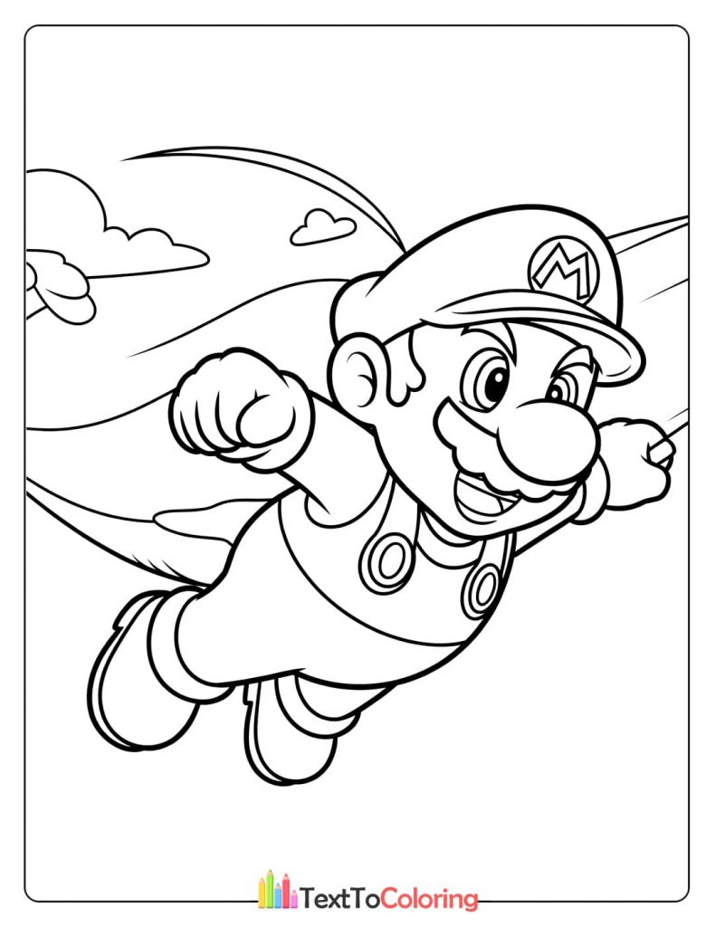 A coloring page of Mario flying with a cape