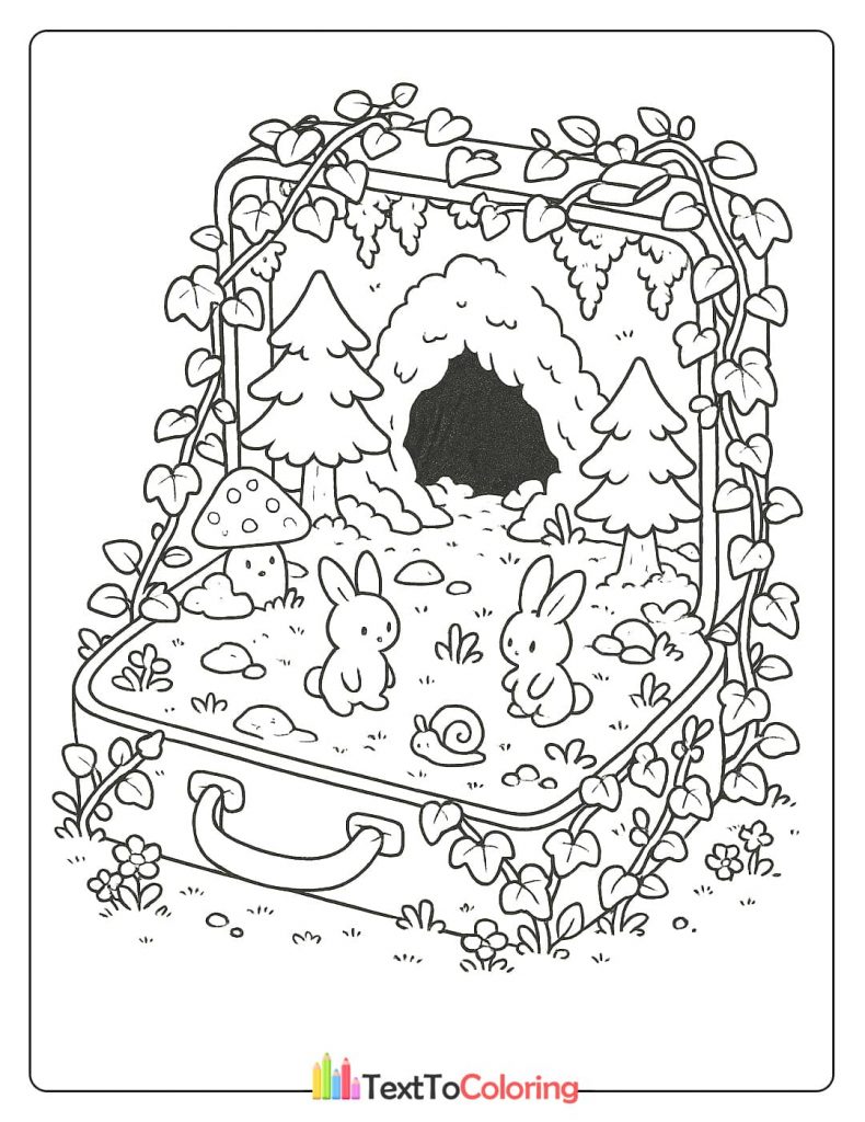 A coloring page of two cute bunnies and a snail in a forest scene inside a suitcase.