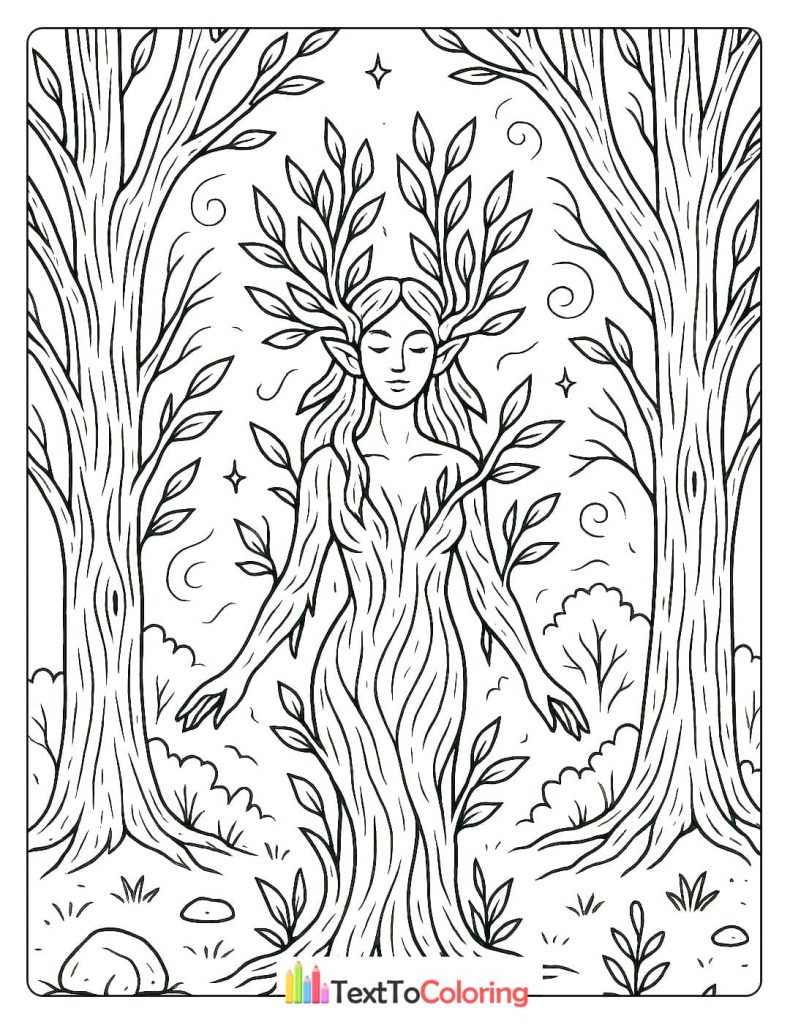A magical coloring page of a female figure whose body is intertwined with tree bark and leaves, standing between two large trees. The design is inspired by forest spirits and nature magic.