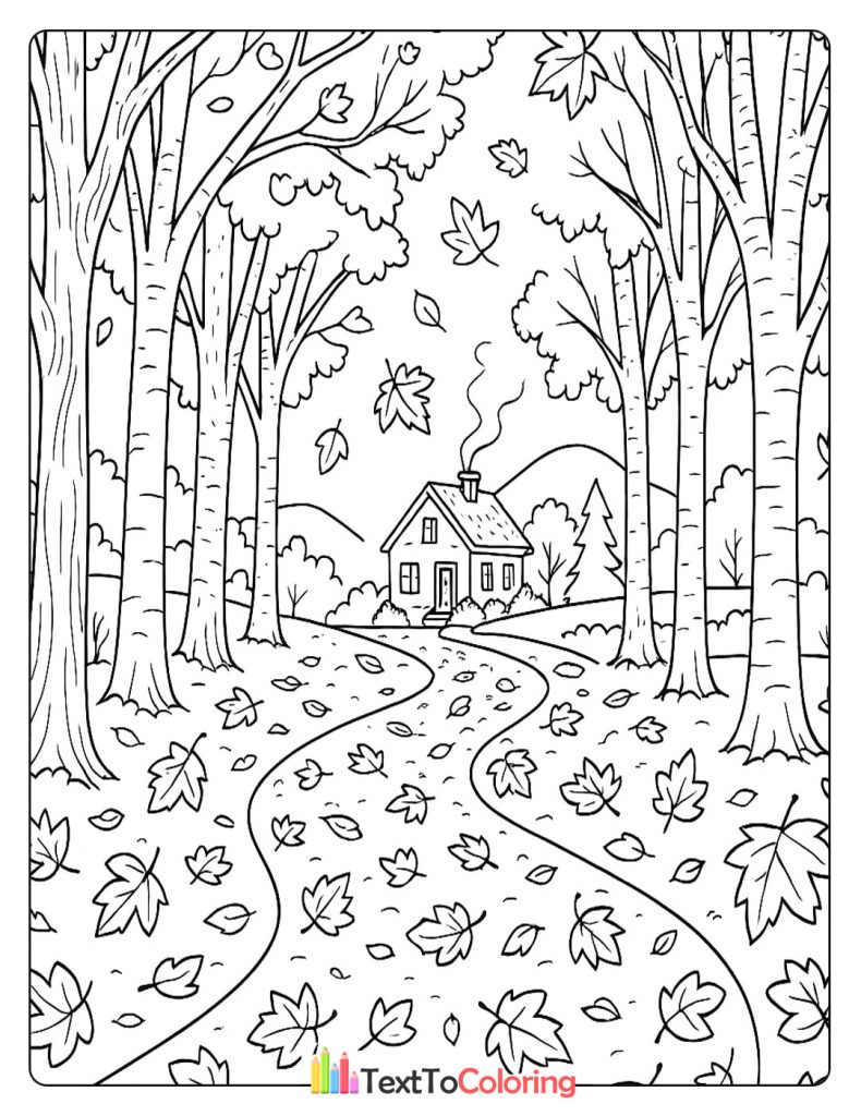 Leaf-covered forest path leading to a small house in the distance.
