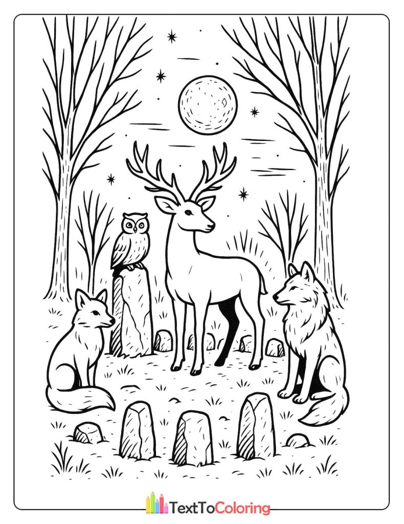 A black and white coloring page depicting a mystical forest scene. A stag with large antlers stands between a fox and an owl, with a full moon and menhirs in the background.