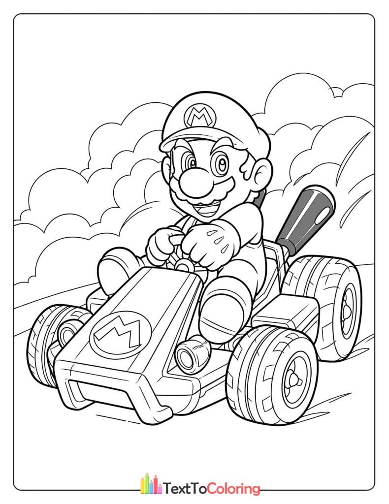 A coloring page of Mario driving a go-kart