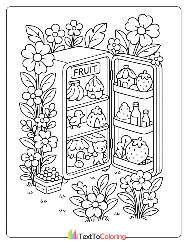 A coloring page of a refrigerator filled with a magical world of fruit houses and a teddy bear.