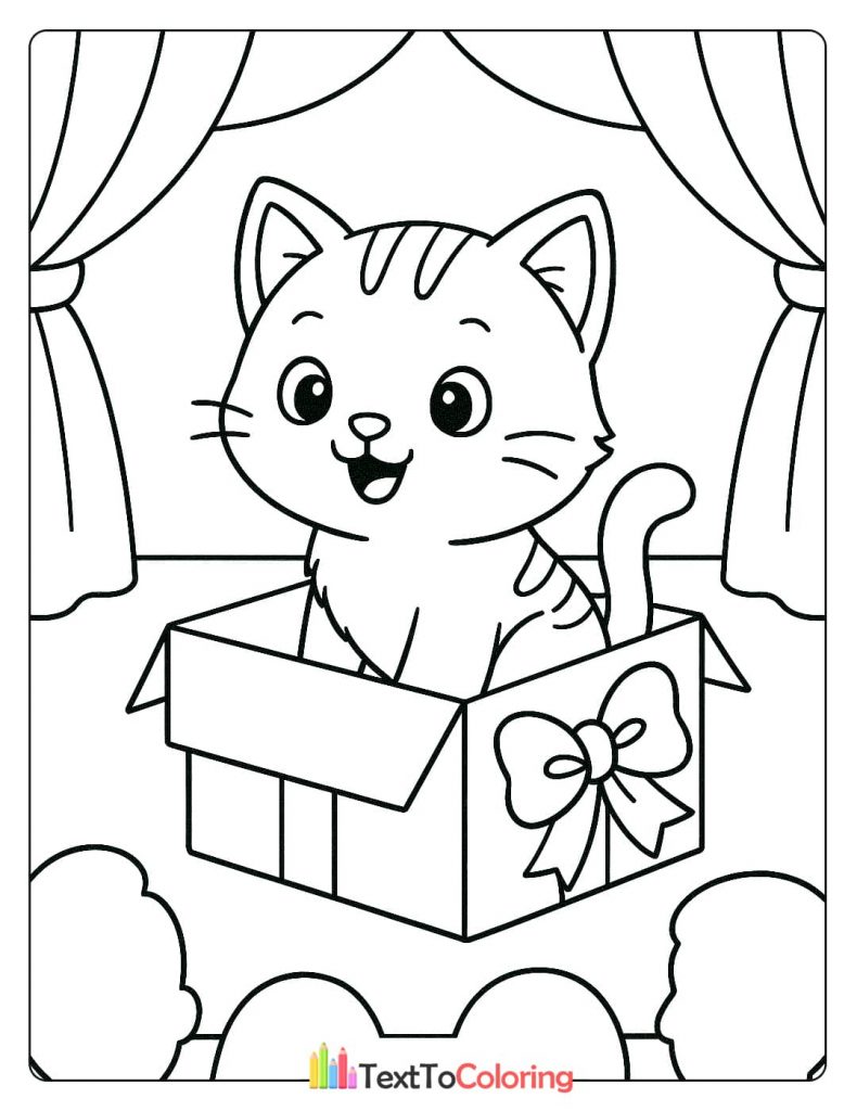A special kitten coloring page of a happy kitten sitting inside a wrapped gift box with a bow on the side.