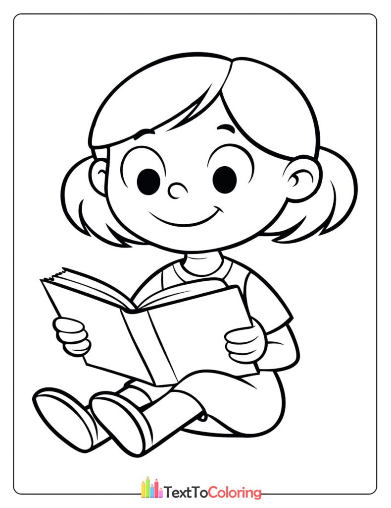 Coloring page of a girl sitting and reading a book happily