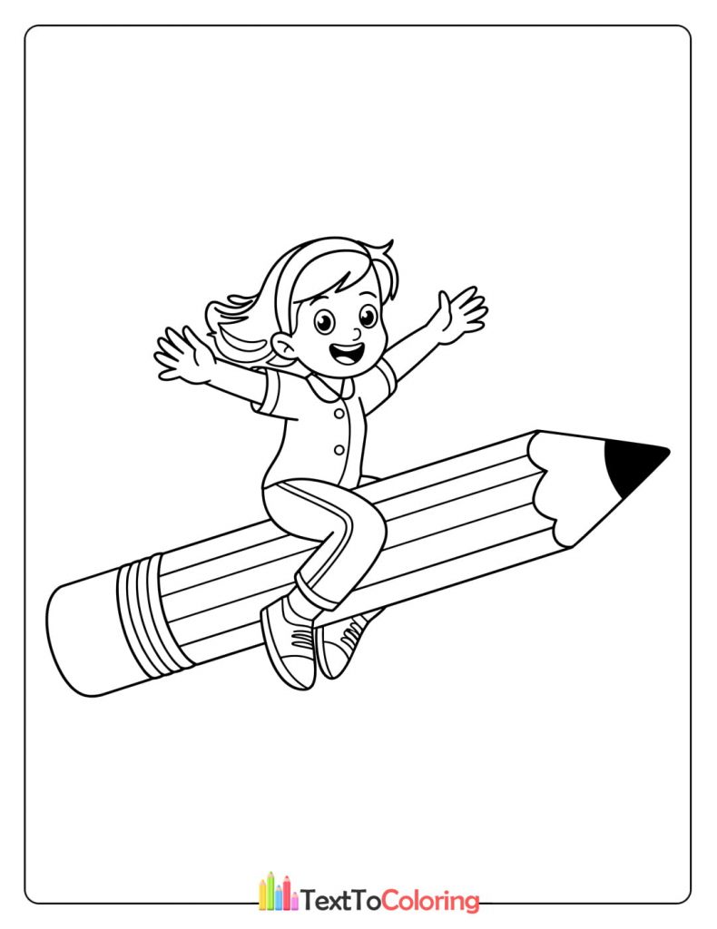 Fun coloring page of a girl riding a giant pencil in the air.