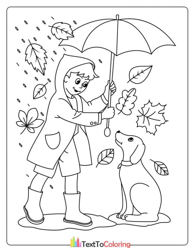 Cute autumn coloring page of a boy holding an umbrella for his dog.