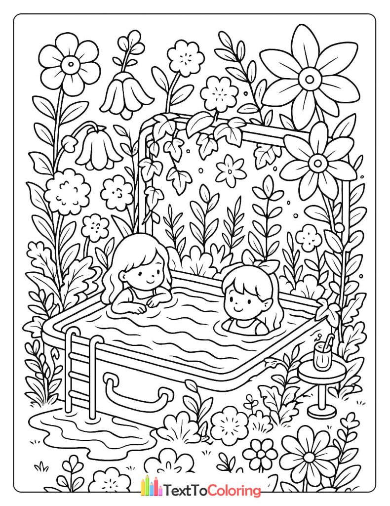 A coloring page of two girls swimming in a small pool surrounded by flowers.