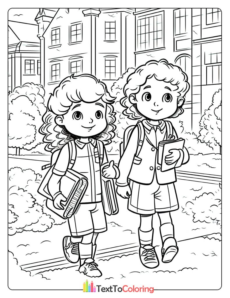 Coloring page of two girls carrying school bags and books, walking on campus.