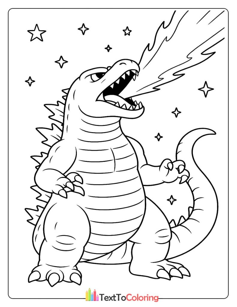 A cute, chibi-style Godzilla coloring page with its mouth open, shooting atomic breath upwards towards stars.