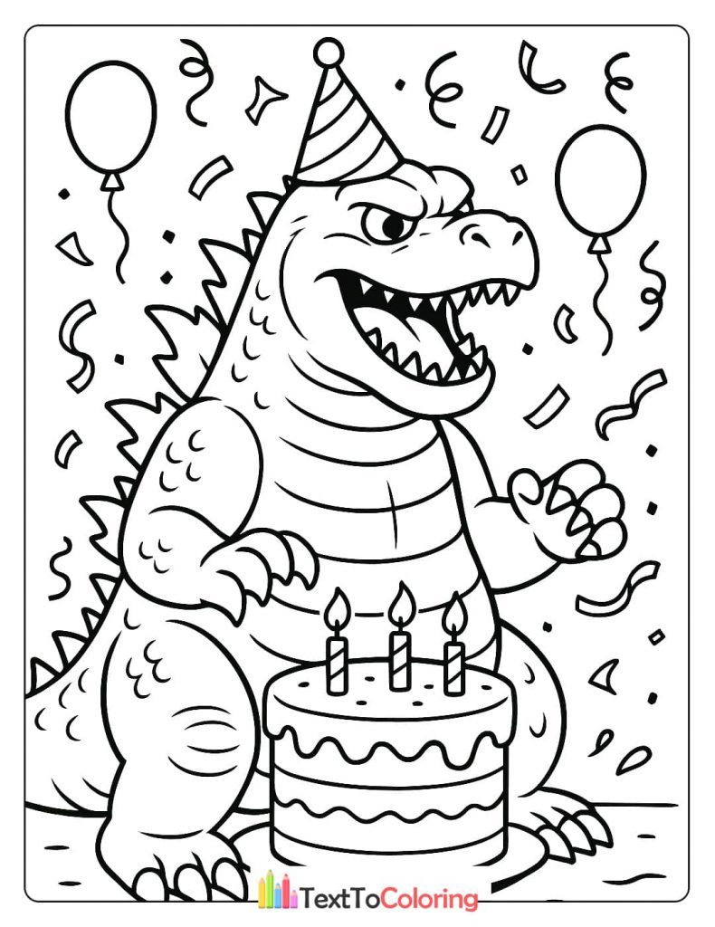 A coloring page of Godzilla wearing a party hat, sitting in front of a birthday cake with candles, surrounded by confetti and balloons.