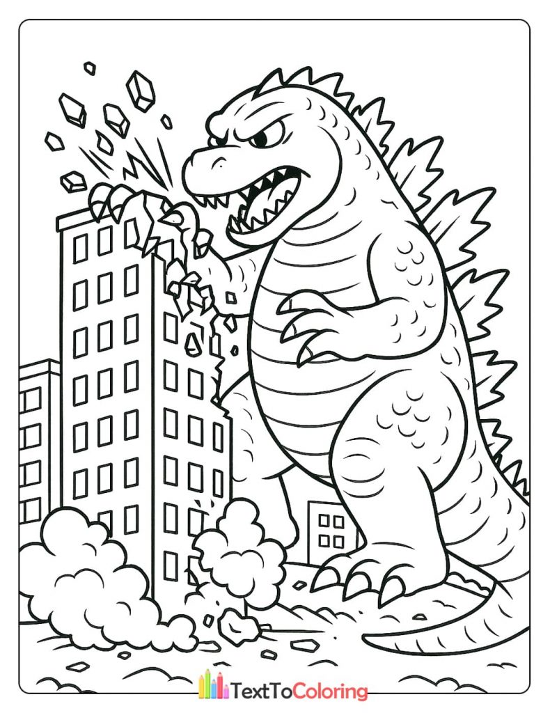 A line drawing of Godzilla destroying a building with its hand, with debris flying everywhere.