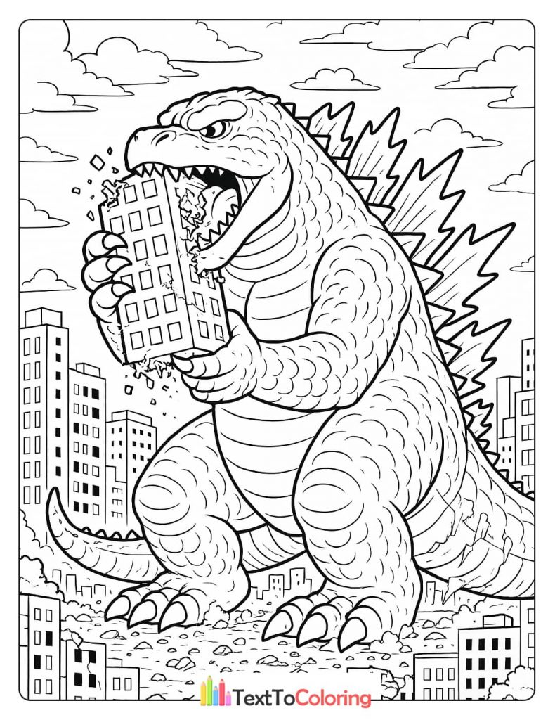 A humorous coloring page of Godzilla biting a building in its mouth, with its claws holding the structure.
