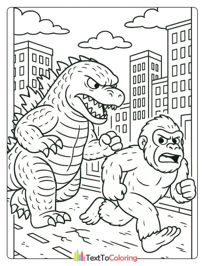 A line drawing showing Godzilla and King Kong running in a city with buildings in the background.