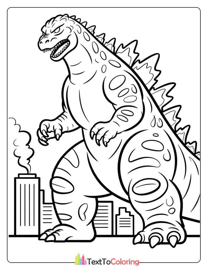 A line drawing of Godzilla walking through a cityscape, with a skyscraper in the foreground.