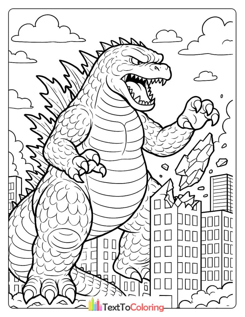 A coloring page of Godzilla destroying a city, with its foot on a building and rubble flying.
