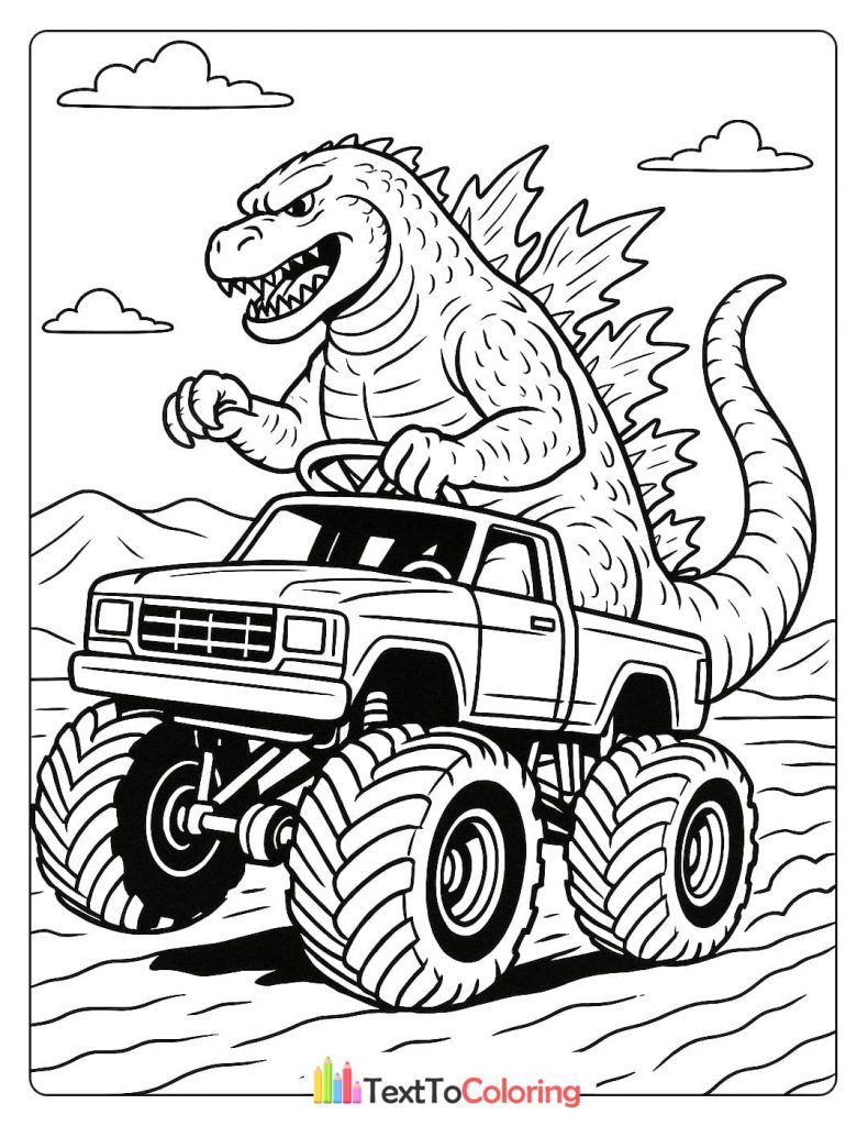 A fun coloring page of Godzilla sitting in the driver's seat of a giant monster truck.
