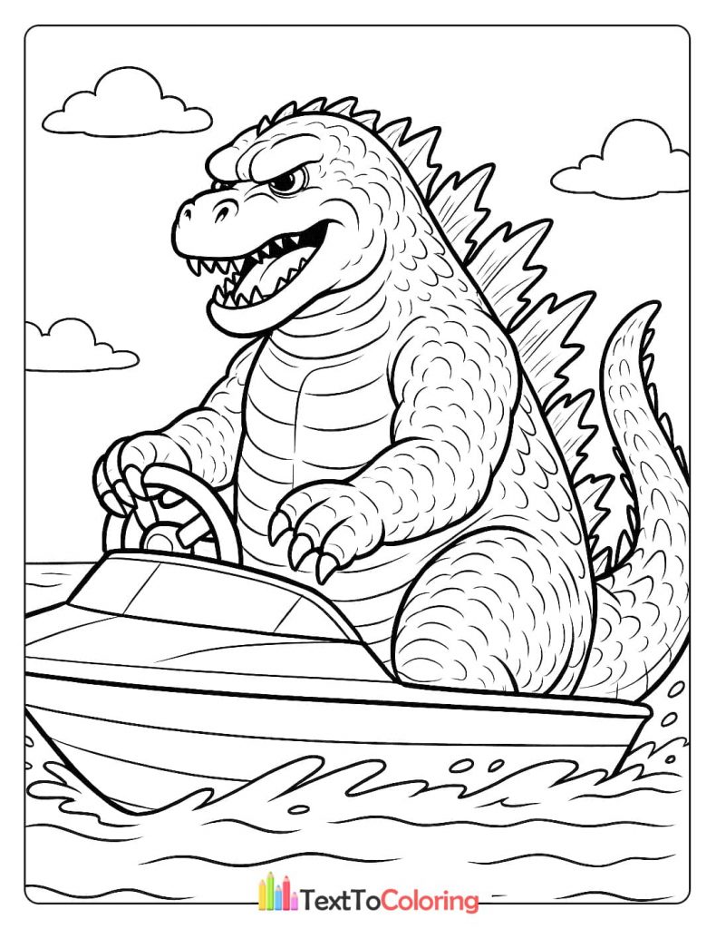A coloring page showing Godzilla humorously driving a small speedboat with its hands on the steering wheel.