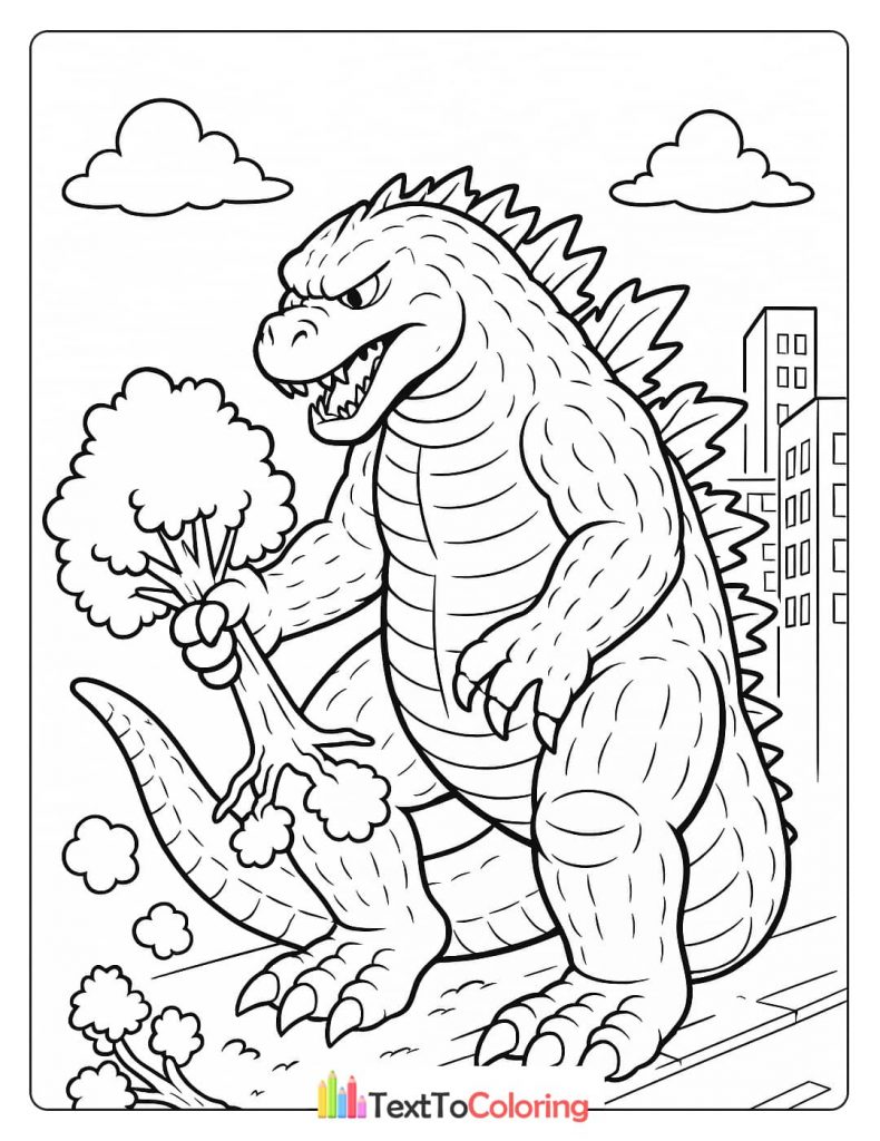 A fun and unusual coloring page showing Godzilla in a city, holding and eating a giant piece of broccoli.
