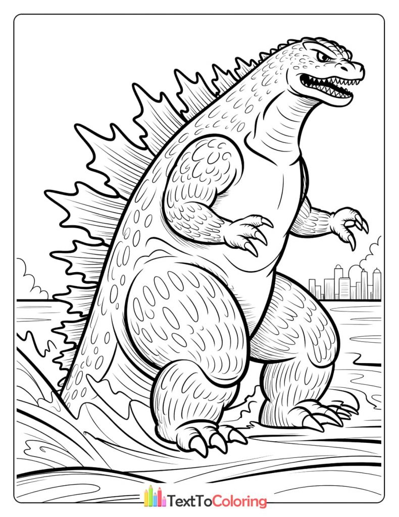 A Godzilla coloring page depicting the kaiju emerging from the ocean with a city skyline in the background.